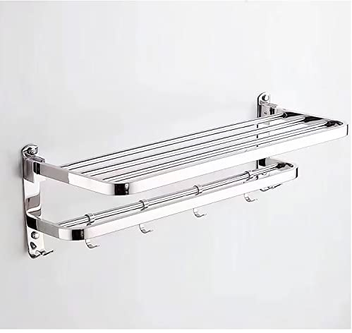 XIAJIA-Double barre de serviette, étagère de rangement pliable montée sur le mur avec 5 crochets, 40 cm x 24 cm x 19,5 cm, SUS 304 acier inoxydable, 90 degrés de rotation, imperméable complet (argent)