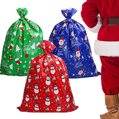 DERAYEE 3 Pack Jumbo Christmas Wrapping Gift Bags, Oversized Plastic Gift Bags with 6pcs Present Tags Label and 10 Feet Red cotton rope for Christmas Birthday Party