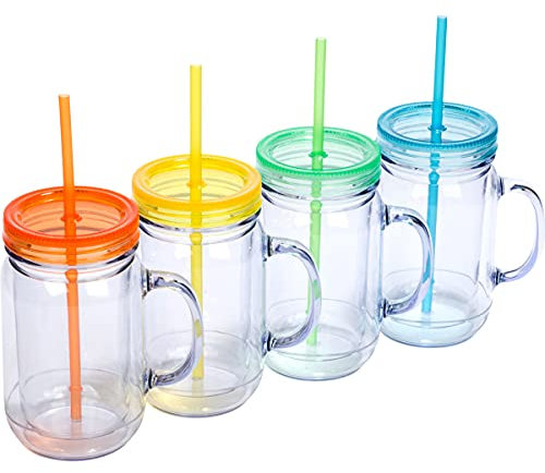 Zephyr Canyon Plastic Mason Jars with Handles, Lids and Straws | 20 oz Double Insulated Tumbler with Straw | 4 Pack Set of 4 | Wide Mouth Mason Jar Mugs | Cups for Kids and Adults…