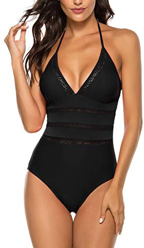 Femme Maillot de Bain 1 Pièce Sexy Monokini Tankini Col V Contrôle Ventre Push Up Rembourré Swimsuit (Style1 Noir, M)
