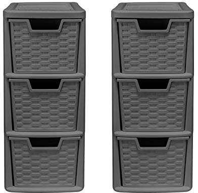 3 Drawer Medium Rattan Tower Unit - Slate Grey, Set of 2 Units - 47cm (H) x 19cm (W) x 26cm (D)