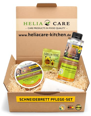 HeliaCARE Schneidebrett Pflege Set BIO - Premium Holzpflegemittel aus Deutschland - Farbloses Holzöl & Holzbalsam inkl. Abziehklinge - Holzpflege für alle Holzarten
