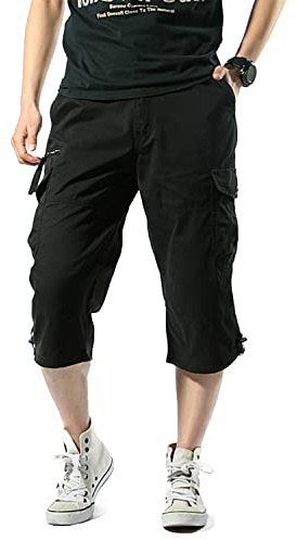 Misfuso Short Bermuda Homme Cargo avec Ceinture Taille Élastique Noir XL