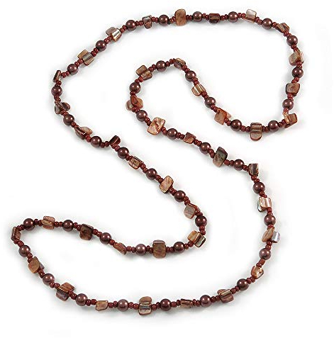 Avalaya Long Brown Glass and Orange Shell Bead Necklace/ 106cm Long