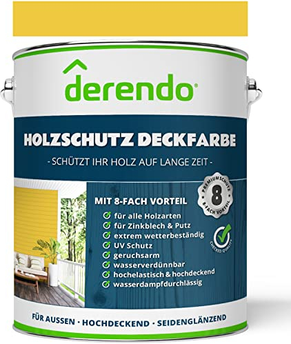 derendo Holzfarbe gelb Holzfarbe außen wetterfest Wetterschutzfarbe Langzeitschutz 2,5L RAL 1018 seidenglänzend Holzlack zinkgelb Außenbereich Holzschutzlasur hohe Deckkraft