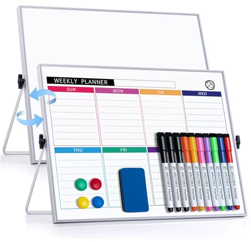 Klein Whiteboard Weekly Planner Magnetic– 40 x 30 cm Wochenplaner abwischbar, tragbarer Double-Sided White board-Ständer für Zuhause, Schule, Küche, Schreibtisch inkl. 10 Stifte, 4 Magnete, 1 Schwamm
