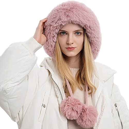 Malaxlx Femme Hiver Rose Bonnet Péruvien avec Pompon Fourrure Chaud Chapeau Tricoté Chapeau Ski Duveteux Chapeau Oreillette