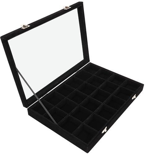 BELLE VOUS Black Velvet Jewellery Organiser Display Case with 24 Sections & Glass Lid - Large Stackable Box Tray - Adjustable Storage Grids for Rings, Necklaces, Bracelets, Earrings & Watches