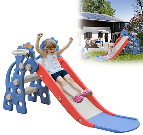 HENGMEI Toboggan autonome 3 en 1 pour enfants avec cadre d'escalade, toboggan pour enfants et panier de basket pour enfants à partir de 1 an, toboggan de jardin, toboggan à jouets, bleu (135 x 55 x 67