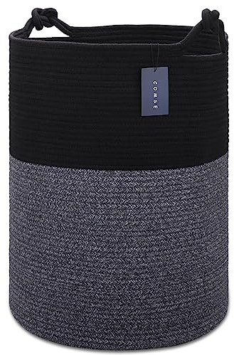 COMSE Extra Large Blanket Basket, Tall Woven Storage Basket, Nursery Hamper, 40 x 55 CM, Cotton Rope Laundry Hamper for Toys Clothes Towels, Black