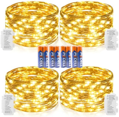 Koopower 4 Pack 50 LEDs Fairy Lights with Timer, Batteries and 9 Modes on 16ft Waterproof Copper Wire String Lights for Bedroom, Wedding, and Christmas Decor, Warm White