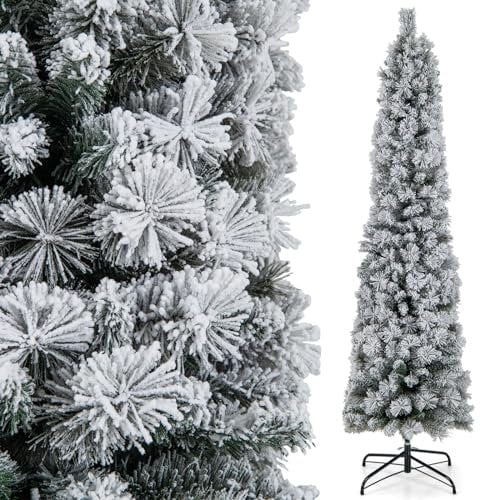 COSTWAY Albero di Natale Slim Innevato 180 CM, Albero di Natale Artificiale Pre-illuminato con 150 Luci Bianche Calde, 373 Rametti, Aghi di Pino, Albero di Decorazione Stagionale per Casa e Ufficio