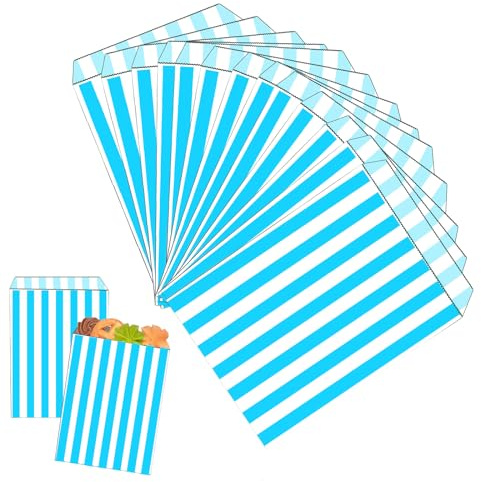 100 Blau Gestreifte Papiertüten, 12x18cm, SchenkePapiertüten, Schokolade, Bonbons und Plätzchen Für Kinder,Pommes und Dergleichen, Feten Für die Weihnachtsfeier und die Geburtstage.
