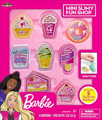 Cra-Z-Art Barbie Mini Slimy Fun Shop Lot de 8 récipients sur le thème des aliments avec deux autocollants surprise Produit officiel Barbie