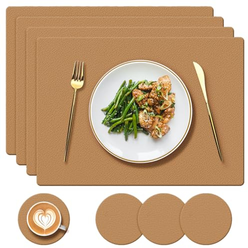 YUNJUER Silicone Tablemats and Coasters Set, Heat Resistant 450 °F, Washable and Waterproof Place Mat, Easy to Clean, Placemats for Hotel, Kitchen, Restaurant, Dining Room, Brown