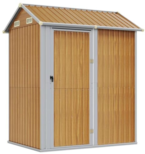 vidaXL Gerätehaus, Gartenhaus mit Schrägdach Tür, Gartenschuppen Schuppen mit Stauraum, Geräteschuppen Metallschuppen, Hellbraun 192x152,5x237 cm Verzinkter Stahl