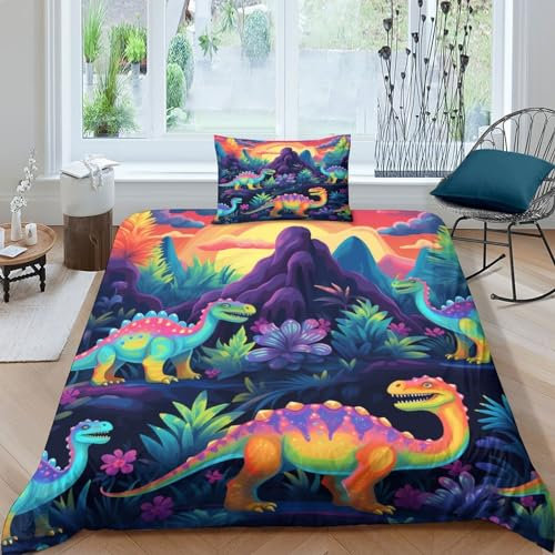 PPSOAP Dinosaur World 3D Print Bettwäsche Cute Cartoon Animals Bettbezug Kissenbezug Mit Reißverschluss Schließung 2 teilig Weiche Angenehme Mikrofaser for Teens Children Boys Girls Single(135x200cm)