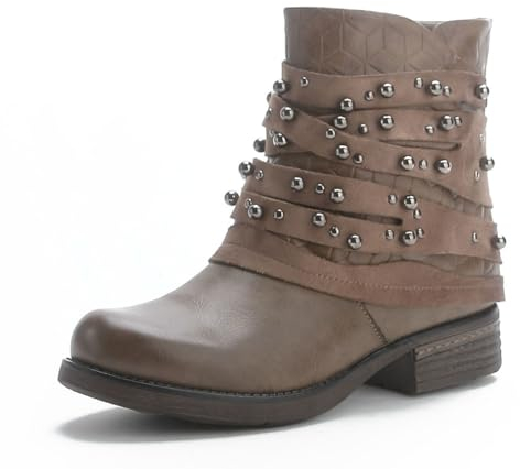 Pogolino Damen Stiefeletten Nieten Biker Boots mit Reißverschluß flach bequem Stiefel ST016 Braun 40