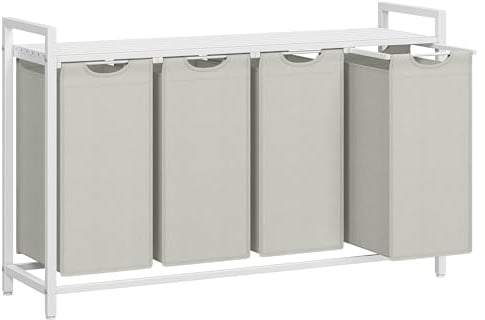 VASAGLE Wäschekorb 4 Fächer, Wäschesammler mit Ablage, Wäschebox, Wäschesack aus Oxford-Gewebe abnehmbar, Metallrahmen, 4 x 40 L, 116 x 33 x 72 cm, cremeweiß-mattweiß BLH401W01