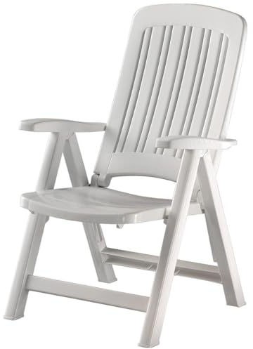 Tomaino Sdraio Da Giardino Pieghevole In Plastica - Poltrona Per Esterno Relax, Casa, Campeggio Reclinabile - 5 Posizioni Con braccioli (Bianco)