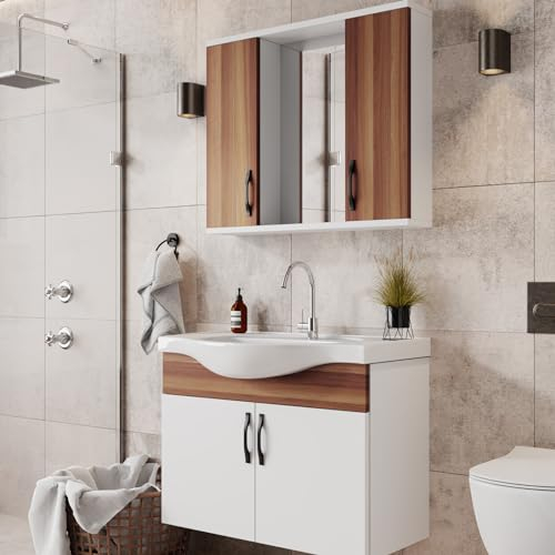 KAREN banyo Badezimmermöbel Set Mercan 80 | Keramikwaschbecken | Unterschrank | Spiegelschrank | Bügelgriffe | Weiß mit Weidenholzfurnier | Natürlicher Stil | Badmöbel Waschtischunterschrank