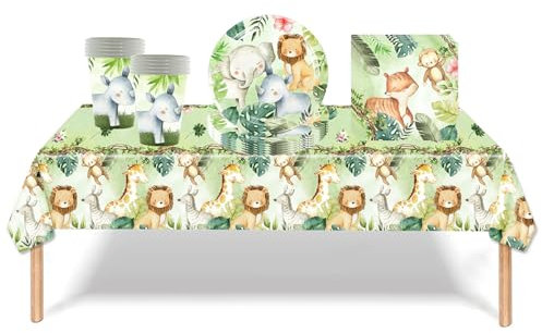 41Pcs Jungle Safari Party Tableware Birthday Decorations Set,Animal Safari Party Decorations Kids Party Table Cloth,Paper Plates,Napkins,Cups Set for Kids Birthday Jungle Safari Party Table Decor