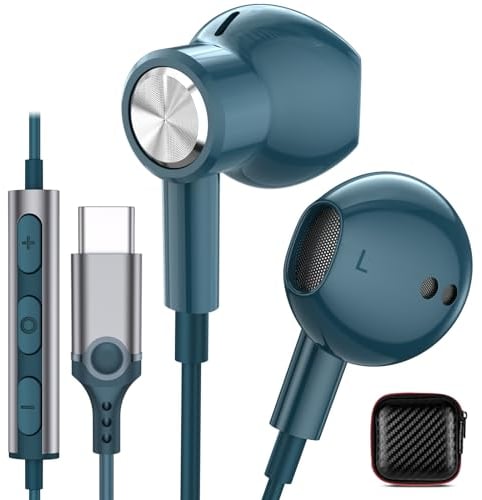 Wired Headphones USB C Earbuds for iPhone 16 Plus 16e 15 Pro Max, Girls Women USBC Earphones Corded Type C Port Headset Ear Buds with Microphone for Google Pixe 10 for Samsung Galaxy S25 S24 Lake Blue