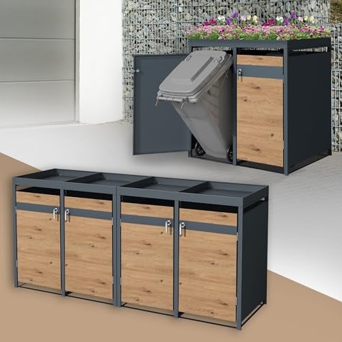 ML-Design Mülltonnenbox 4er mit Pflanzdach für 4 Tonnen, 240L 264x80x124 cm, Holzoptik, Stahl, wetterfest, Abschließbare Mülltonnenverkleidung mit Tür, Müllbox Mülltonnecontainer Mülltonnenabdeckung