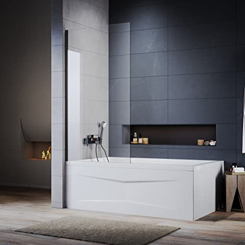 ELEGANT Black Over Bath Shower Screen 800mm Frameless 6mm Safety Clear Glass Panel Bathroom Bath Screens Shower Enclosure for Westroom