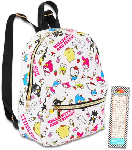 Hello Kitty Damen Mini-Rucksack – Kunstleder, Fronttasche, Lesezeichen, Mehrfarbig, Mini Backpack für Frauen, Hello Kitty und Freunde Rucksack