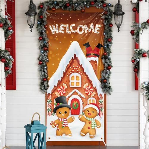 GEBETTER 200 x 90 cm Weihnachten Tür Abdeckung Dekoration Haustür Decke Wand Hängen Banner Fotografie Hintergrund für Weihnachtsfeier Feiertag Winter Neujahr Toilettentür Deko (Lebkuchenmann)