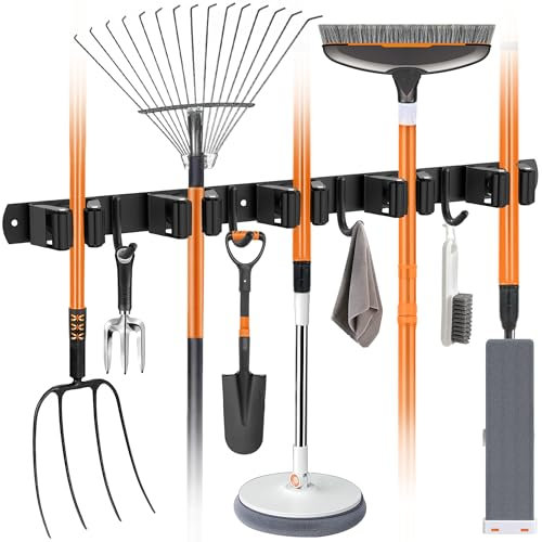 OMerima 1 supporto per scopa da parete, 5 supporti + 4 ganci in acciaio inox, autoadesivo, per attrezzi da giardino e scopa, colore nero
