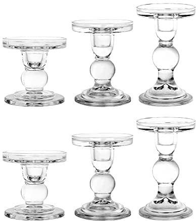 BTGLLAS Glass Candle Holders, 3 Pieces Crystal Clear Candlesticks With Elegant Design for Pillar Taper Candle and Tea light, Home Table Living Room Wedding Party Decorations Home (clear-6pcs)