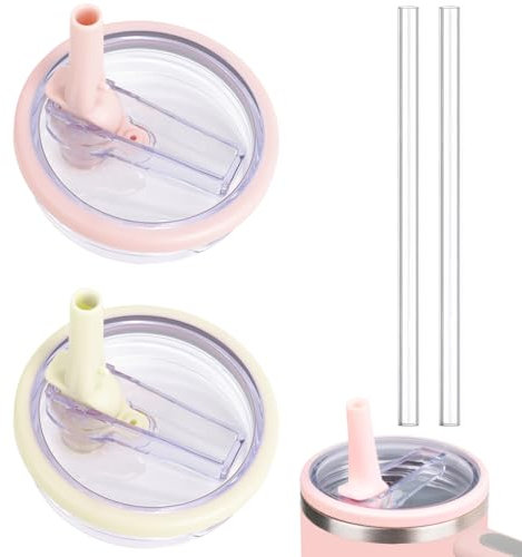 Graplan 2 Stück Ersatzdeckel für 40oz Becher mit 2 Strohhalm, Auslaufsichere und Staubdichte Tumbler Abdeckungen Becher, Deckel Ersatzdeckel für Stanley Cup Zubehör(Weiß+Rosa)