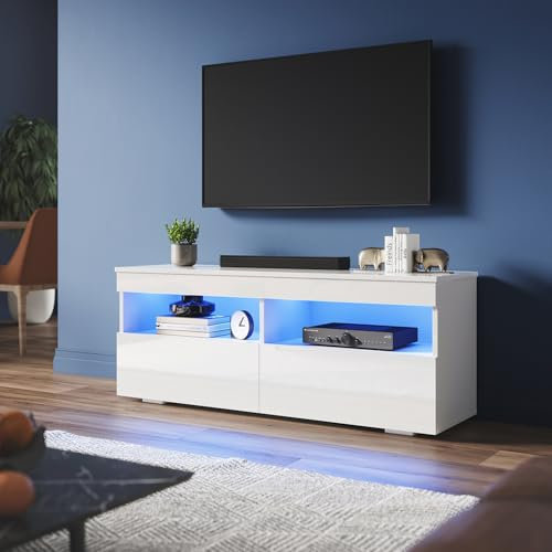 ZANOFIRA LED TV Unit Stand with RGB LED Lighted, High Gloss TV Stand with 2 Pull-Down Door, Modern Wall Mounted TV Cabinet with Open Storage Shelves and Drawers for Living Room, 1200x350x450mm, White