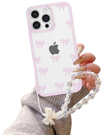 EYZUTAK Case for iPhone 15 Pro Max, Clear Cute Ribbon Bowknot Aesthetic Phone Case with Charm Bracelet Chain Raised Camera Protection Stylish Soft Durable TPU Protective Cover for Women Girls - Pink