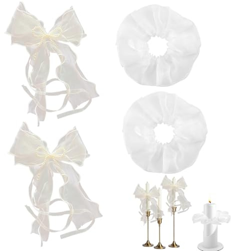 WUERKIYA 2 Stück Kommunionkerze Tropfschutz Set – 2 Wachs Candle Wraps im Schleifen-Design & 2 Netzgewebe Tropfenfänger für Kerzen, Tropfschutz für Kerzen, Ideal für Hochzeiten, Taufen und Geburtstag