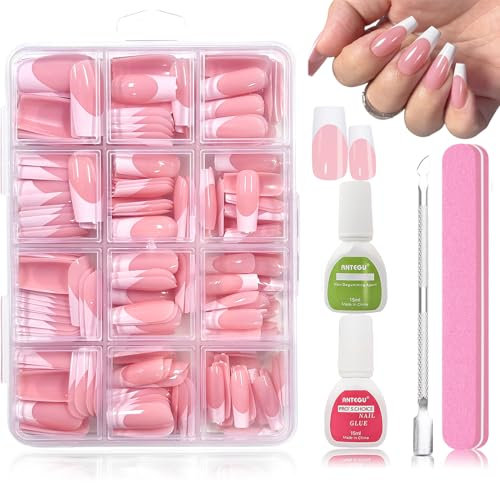 Virellay 288 Stück French Falsche Nägel Zum Aufkleben Kit - Full Cover Künstliche Nägel Tips Medium Long Quadrat - Rosa Weiß Fake Nails für Frauen - Kleber Acryl Nagel Tips für Maniküre DIY