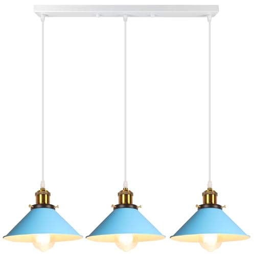 iDEGU 3-flammig Hängelampe, Retro Pendelleuchte Industrie Design Hängeleuchte 22cm Moderne Lampenschirm aus Metall Vintage Lampe E27 Kronleuchter für Esszimmer Küche Wohnzimmer Restaurant Café (Blau)
