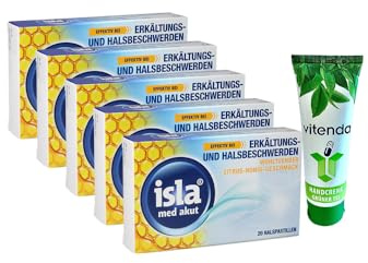 isla® med akut Zitrus-Honig Halspastillen – 5x20 Stück inclusive einer Handcreme von vitenda, bei intensiven Hals- und Stimmbeschwerden, mit Hydrogel-Komplex und Isländisch Moos