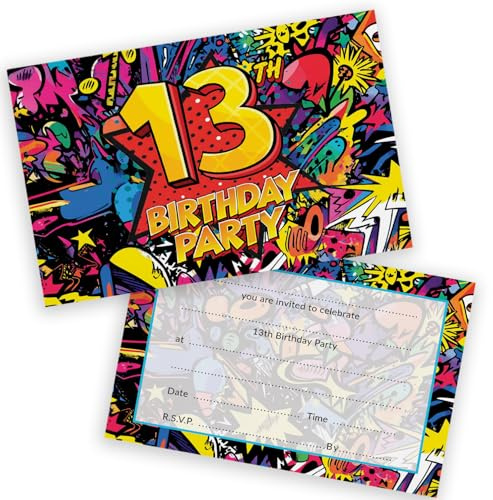 Party-Einladungen zum 13. Geburtstag, Comic-Stil, 28 Stück, Kindergeburtstagseinladungen für Jungen/Mädchen, A6, Geburtstagsparty-Einladungskarten mit Klappumschlägen