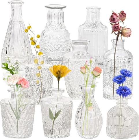 Lot de 10 petits vases en verre pour décoration de table - Mini vases vintage en verre - Petit vase à fleurs - Vase à bourgeons pour décoration de table - Décoration de mariage - Transparent