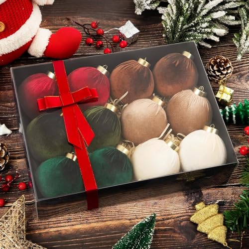 LATERN 12 Stück Samt Weihnachtskugeln, 8CM Beflockt Weihnachtskugeln Bruchsichere Aufhängen Weihnachtsdeko Ball für Weihnachtsbaum Feiertage Zuhause Weihnachts Party Dekoration (6 Farben)