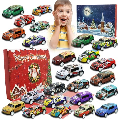 Adventskalender Kinder 2025 Autos Spielzeug, Adventskalender 2025 Jungen Mädchen mit 24 Alloy Rennwagen und Rennstrecken Spielmatte,24 Tage Weihnachtskalender Geschenke für Kinder ab 3 4 5 6 7 8 9Jahr
