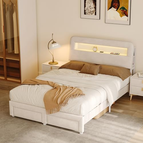 HFASD Polsterbett 160x200 Mit Stauraum Schubladen Und Kopfteil, Doppelbett Bett Mit LED Beleuchtung Und Ladestation, Stauraumbett Jugendbett Bettgestell Mit Lattenrost, Samt, Ohne Matratze, Beige