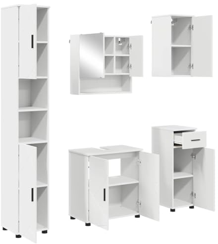 vidaXL Bathroom Furniture Set 5 pcs White Engineered wood & Metal, Modern Bathroom Cabinets, Chic Storage Solution, Wall-Mounted Set, Engineered Wood Furniture for Stylish Organization