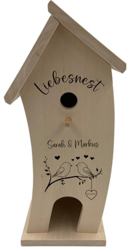 Personalisiertes Vogelhaus zur Hochzeit | Vogelhaus mit Namen als Gravur (Liebesnest V1, Standard)