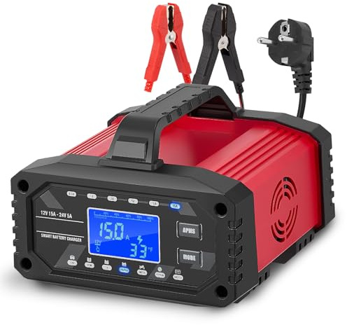 15A Cargador de Batería de Coche, 12V 24V LiFePO4 Cargador de Batería de Coche Portátil 10-Etapas Batería Inteligente para Coche, Camión, Moto, Cortacésped, Barco, Marina