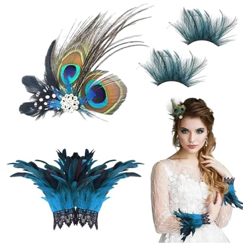 YAZWUR Pfau Kostüm Damen Accessoires Set mit Feder Manschetten Haarschmuck und Wimpern für Karneval Fasching Halloween