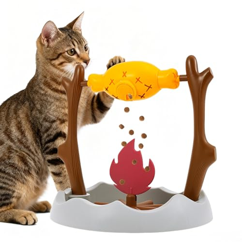 Anihet Campfire Cat Treat Dispensing, Cats Treat Toy Interactive Slow Feeder with 3 Food Outlet, 360° Rotating Grilled Pet Snack Food-Leaking Toy for Indoor Pets Training